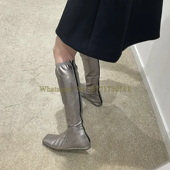 Gri argintiu Square Toe Flat Elastic Cizme Femei de Iarna 2022 Toate-Meci Spate cu Fermoar Femeie Subțire Genunchi Cizme Pantofi de Moda pentru Femei