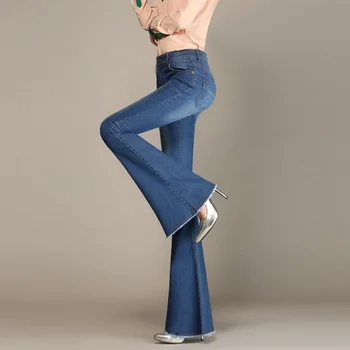 Slim-Coreean A Se Potrivi Talie Mare Pentru Femei Blugi Retro Ciucure Pantaloni Largi Picior Clasic Spălat Toată Lungimea Birou Sexy Femei Pantaloni Pantaloni