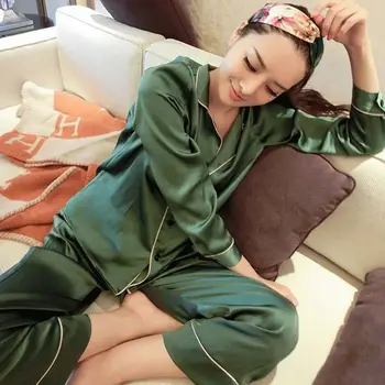 2 buc Femei Fata de Mătase Satin Set de Pijama cu Maneca Lunga Topuri+Pantaloni de Pijamale Pijamale Homewear Culoare Solidă Moale Confortabil Set