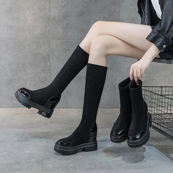 Wedgse Adidași Negri Femei Șosete Cizme groase de Iarna Bumbac Pantofi Platforma Glezna Cizme pentru Femei 2021 Nou Lady Pantofi Casual