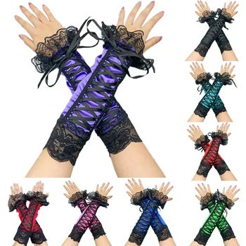 Femei Sexy Lace Mănuși Lungi Panglică Degete Plasă de Eticheta de Partid Goth Halloween Mănușă de box Cot Lungime Jumătate-deget Mănuși