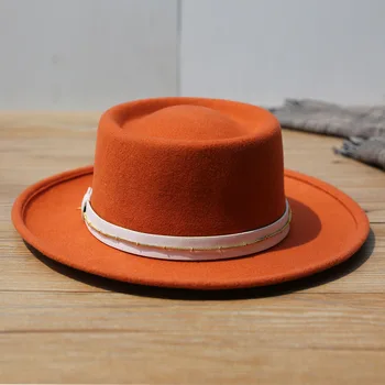 X4069 Lână Simțit Capac Curea Lanț Palarie Maro Plat Marginea Dom Pac Adult Moda Lână, Pălării Fedora Femei Biserică Pălării