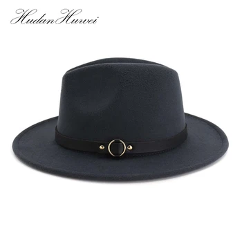 Moda Barbati Femei Fascinator Pălărie de Fetru Margine Largă de Jazz Pălării Fedora cu Bandă de Piele Negru Panama Trilby Hat Fedora Capac