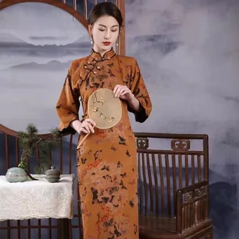 Maneca Lunga Qipao Femei Mandarin Culoare De Imprimare De Flori De Mătase Cheongsam Strâns Stil Chinezesc Scăzut Fantă Șirag De Mărgele Butonul Rochie Casual