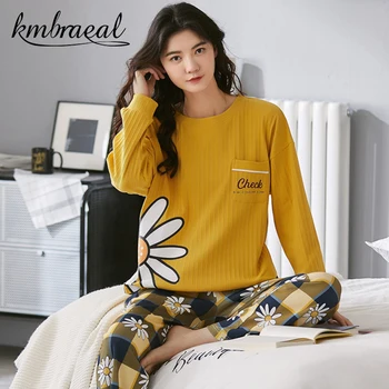 Pijama pentru Femei din Bumbac Coreea de Toamna cu Mâneci Lungi, Pantaloni 2 Bucata Homewear Micul Daisy Confortabil Plus Dimensiune Sleepwear M-3xl