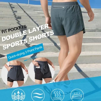 Strat dublu de Sport pantaloni Scurți pentru Bărbați iute Uscat Fals 2-Bucata de Fitness Pantaloni de Antrenament Haine de Vara Barbati Poliester Durabil Materia