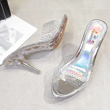 Cristal Transparent Papuci Femei Vara Sandale 9cm Sexy, cu Toc inalt pentru Femei Pantofi în aer liber Acasă Gură de Pește Papuci Femei Partid
