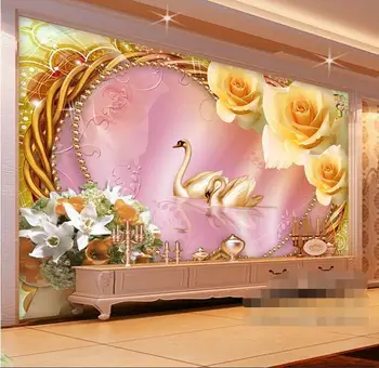 Fotografie 3d tapet personalizat murală lebedelor de dragoste romantica floare trandafir fundal de decor acasă 3d pictura murala de perete tapet în camera de zi