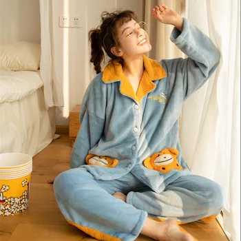 2 Bucati Seturi De Pijama Groasă Pijama Calde Confort Fată Drăguț Mâneci Lungi Homewear Pijama 2020 Iarna Noi Flanel Pijamale Femei