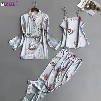 Femei Seturi De Pijamale Cu 3 Piese De Moda Curea De Spaghete Satin Sleepwear Floare De Sex Feminin Cu Maneca Lunga Print Pijama Îmbrăcăminte Acasă Pijama