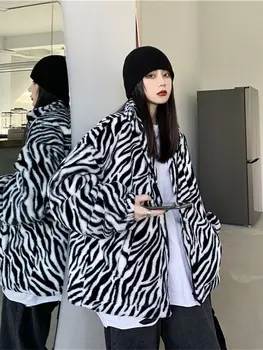 SONNEESD Stil Harajuku Model Zebra de Imprimare Complet Maneca Lambswool Sacou Vintage cu Fermoar Ține de Cald Îngroșa Haine de Bumbac
