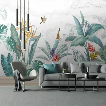 Tapet 3d pentru Îmbunătățire Acasă Modern, Tapet de Fundal de Creatie 3D trase de Mână mici proaspete plante tropicale flori muarl