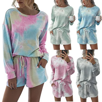 2021 Tie Dye Femei Imprimate trening Femei Pijama cu Maneca Lunga Topuri Lungi Și Pantaloni scurți costum Pijamas Feminino Set Pijamale