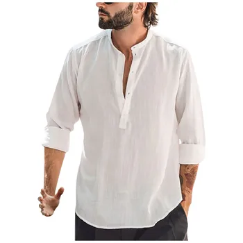 Men' s Cămașă lenjerie de pat din Bumbac Culoare Solidă Stand de Guler Maneca Lunga Camasa Smart Casual de Barbati Plus Dimensiune Bluza