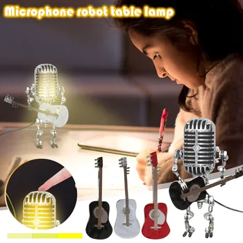 Stil Retro Microfon Robot Lampa De Birou Care Deține Chitara Vintage Microfon Robot Lampă Lampă De Masă Decor Acasă Noptieră Lampa De Birou