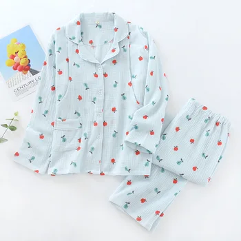 Noi Crep Dublu-strat de Bumbac Tifon Pijamas Femei cu mâneci Lungi, Pantaloni Haine de Maternitate Alăptează Pijamale Pijamale Albe