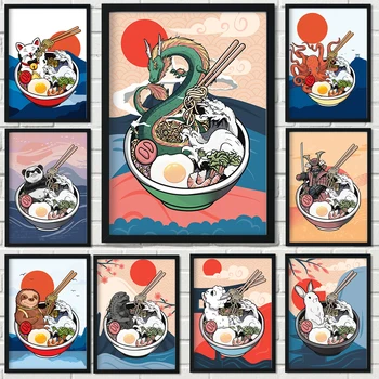Ramen Pisica Dragon Japonez Supa Poster de Saphira Desi Pictura Arta de Perete Decor Kawaii Cameră Decor Decor Acasă Panza Poster