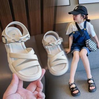 Fete Sandale 2022 Copii coreeană Negru Solid Vara Noi Printesa Soft Open-toe Versatil cu Lanțuri Copii Moda Pantofi de Plaja