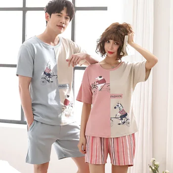 Femei și bărbați de vara noi doi pijamale coreean bumbac cu maneci scurte pantaloni scurți confortabil respirabil două piese seturi de pijama, pijamale