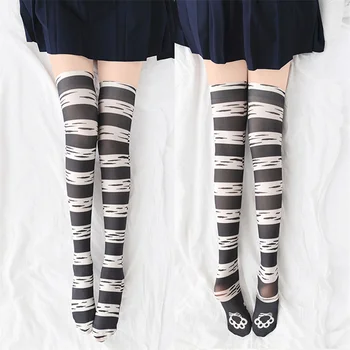 Harajuku Lolita Șosete Lungi Femei Fete Coapsa Inalta Japoneză Roz Kawaii Negru Cu Dungi Laba Pisica Anime Cosplay Peste Genunchi Ciorapi