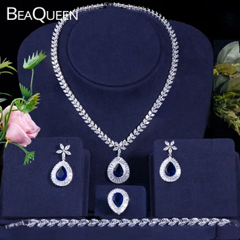 BeaQueen Clasic 4buc Mireasa Zirconia Seturi de Bijuterii Royal Albastru de Apă Picătură de Cristal Cercei Colier Bratara si Inel Set JS101