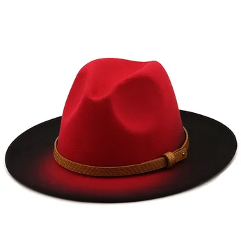Femei Sexy Bărbați De Lână Epocă Trilby Simțit Fedora Pălărie Cu Borul Larg Domn Elegant Culoare Gradient Pentru Doamna Iarna Roșu Jazz Capace