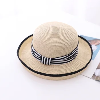 Noua pălărie de paie doamna pânză cu dungi cu curling marginea plaja de călătorie pălărie cu chenar negru