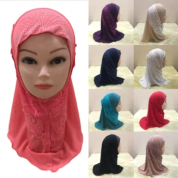 Fete musulmane Hijab Fularul Islamic Copii Stras Dantela Hijab Simplu Turban Headwrap Șal Elastic Copil Drăguț Burqa pentru 2-7 Ani