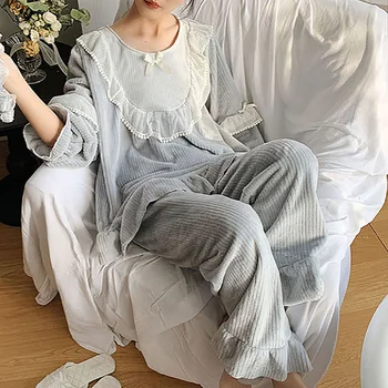 Femei cu Dungi Gri Flanel Pijama Seturi de Puncte de Dantelă Topuri+Pantaloni Lungi Vintage Lady Princess Zburli Pijamale Costum.Cald Acasă Sleepwear