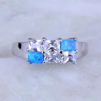 Calitate Superioară Inele Dreptunghi Albastru Opal De Foc & Cubic Zirconia De Culoare De Argint Bijuterii J0514