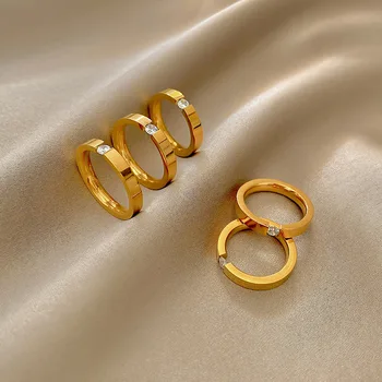 Simplu Nou Aur Culoare Inel Din Oțel Inoxidabil Inele Elegante Femei Încrustat Zircon Moda Bijuterii Bague Cadou De Nunta