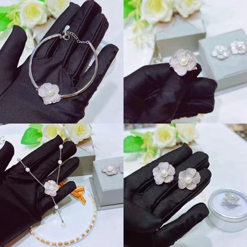 Moda Pearl Floare Bijuterii Set Rafinat Camellia Pandantiv Colier/Cercei/Bratara Pentru Femei Nunta Logodna Eternă Inel