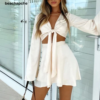 Beachapche Satin Sexy Femei din Două Piese Set V Gâtului Flare Sleeve Bandaj Crop Top Elastic Talie Fusta Mini 2021Summer Stil Plajă