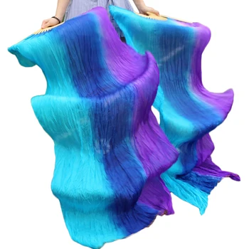 De înaltă Calitate 100% Matase Belly Dance Fani 1 Pereche Manual Vopsit Dansul din Buric Fanii Dungi Turcoaz+Royal albastru+Violet 150/180 x90cm