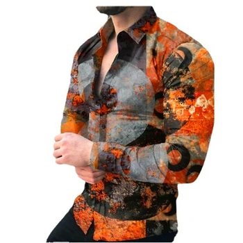 Moda de primăvară Sociale Camasi Barbati de Turn-down Guler Nasturii Tricou Casual cu imprimeu Geometric Topuri cu Maneci Lungi Îmbrăcăminte pentru Bărbați Cardigan