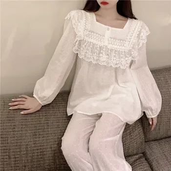 Piața Guler Toamna Set De Pijama Femei Coreene Dantela Mozaic Tricouri + Pantaloni Set De Două Piese De Origine Costum De Bumbac Casual Dulce