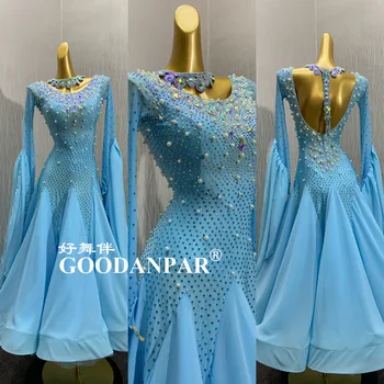 GOODANPAR Nou Standard de Bal, Rochie Dans Femei Fete Concurenței Costum de Lycra Vals Etapă maneca lunga albastru