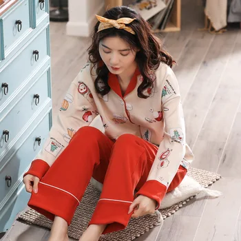 Femeile 2019 doamnelor primăvara și toamna coreean maneca lunga pantaloni noi de bumbac desene animate cardigan de iarna pentru femei seturi de pijama, pijamale