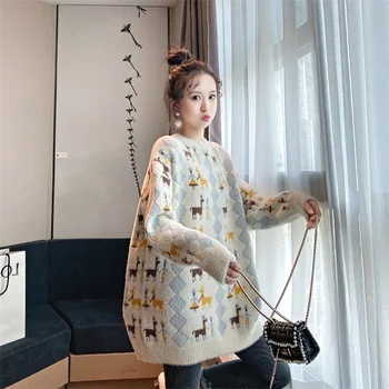 Toamna Și Iarna Moda coreeană Doamnelor Desene animate Noi cu Gluga Pulover Gros Imitație de blană de Nurcă de Catifea Tricot Vrac Top de Îmbrăcăminte pentru Femei