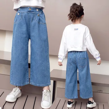 Fete Blugi de Primavara Toamna pentru Copii Moda Butonul Largi Picior Pantaloni din Denim pentru Fete Îmbrăcăminte coreeană Copii Pantaloni Drepte