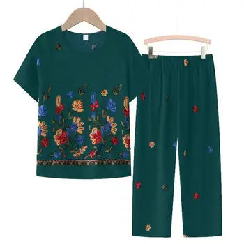 1 Set Pierde Două Bucata Costum Pijama T-shirt, Pantaloni cu Print Floral Mijlocul Talie Rotund Gat Subtire cu Maneci Scurte de vârstă Mijlocie Sleepwear Tinuta