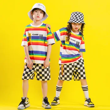 Copilul Hip Hop Haine De Vară Pentru Băieți Și Fete De Moda Liber Maneci Scurte Cu Dungi Tricou Carouri Scurt Dans Jazz Costum De Haine Purta