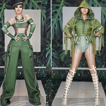 Femei Verde Uniformă Militară Petrecere Costum de Dansatoare Sexy Dans Pol Tricouri Jacheta Club de noapte cu Dj Ds Festivalul Rave Tinuta XS5399