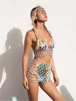 Strălucitoare Scară De Pește Paiete Două Bucata Set Pentru Femei Lanț De Link-Ul Gol Afară Crop Top Ciucuri Fusta Mini Set De Potrivire De Vară, De Plajă, Costume De