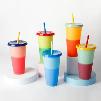 710ML Colorate Paie Cupa Cu Capac Cupe Reutilizabile Culoare Solidă Schimbarea Plastic Drăguț Magic Suc de Cana de Cafea în aer liber Portabil Cupe