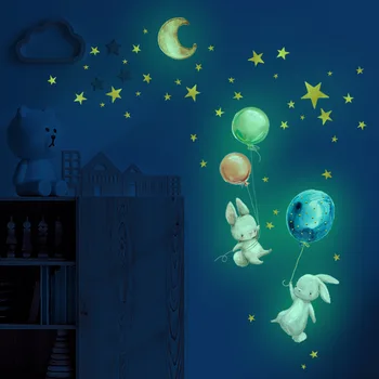 Desene animate Iepuras Luminos Balon din PVC Autocolant Detașabil Iepure Stele Perete Strălucire Autocolante pentru Camera de zi Dormitor Decor Acasă