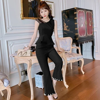 Moda Femei Elegante De Vara Negru Slim V-Neck Fără Mâneci Topuri Tricou Bluza Talie Mare Lung De Perle Fantă Pantaloni Flare 2 Seturi De Piese