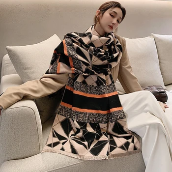 Moda Imitație De Cașmir Femei Vintage Geometrice De Iarnă Eșarfă Șal Cald Folie De Lungă Confortabile Tricotate Femei Pătură Groasă