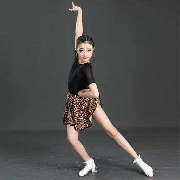 Latină Costum De Dans Fată Costum Echipa Concurs De Dans De Performanță Rochie Cu Maneci Scurte Imprimeu De Leopard Practică Haine Tinuta Fete