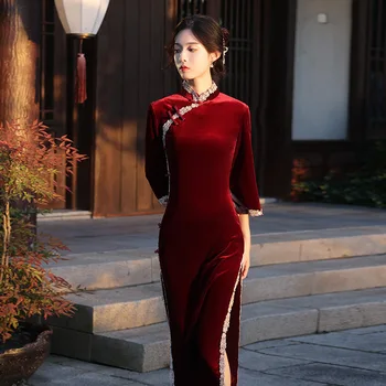 Republica China Stil de Rochii de Mireasa pentru Femei de Iarnă Chineză Catifea Moderne Cheongsamlong-Îmbunătățit cu mâneci Lungi și Roșii Split Dantela Qipao
